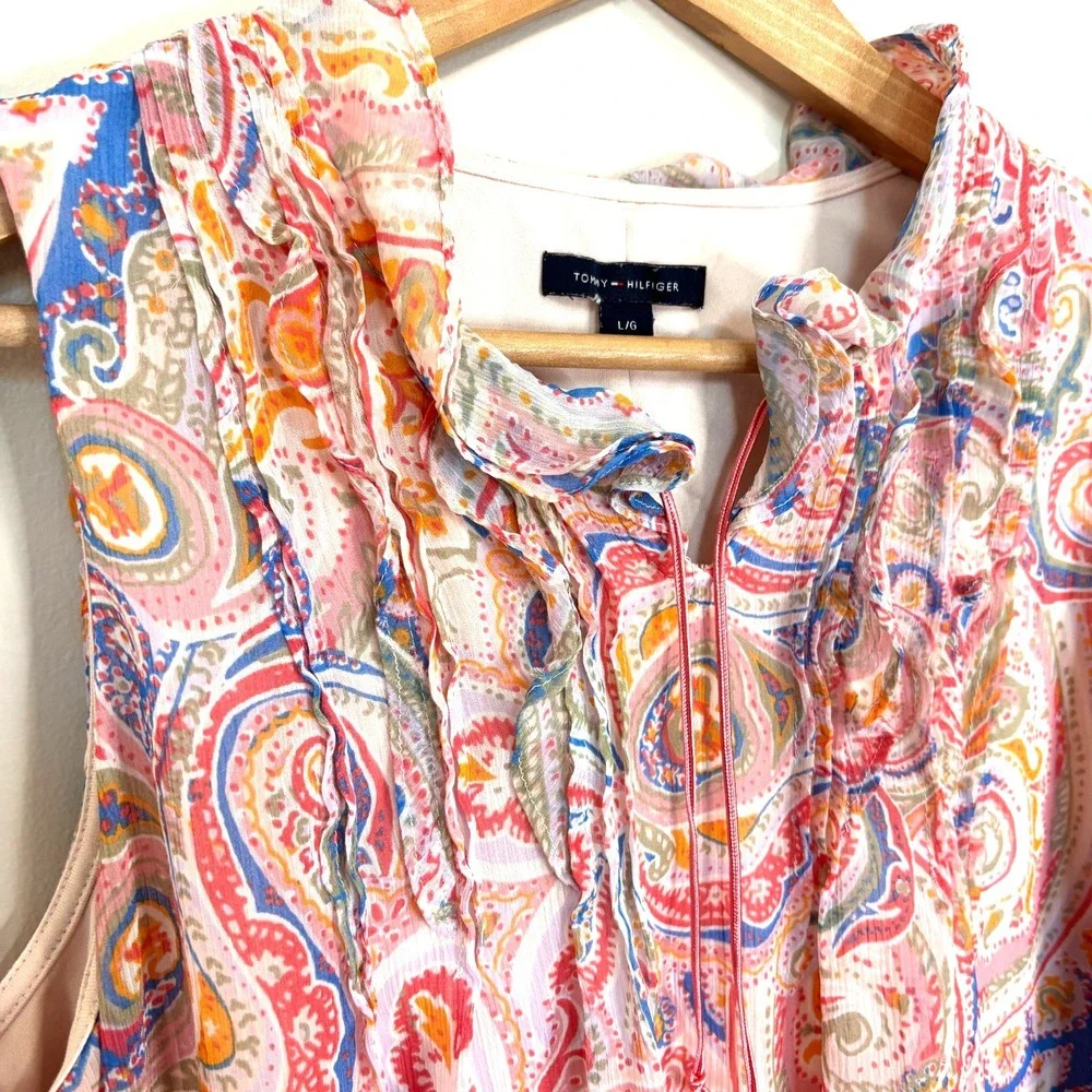 Tommy Hilfiger St. Tropez Pink Paisley Tie‎ Shift Dress Sz L Tropical Vacation